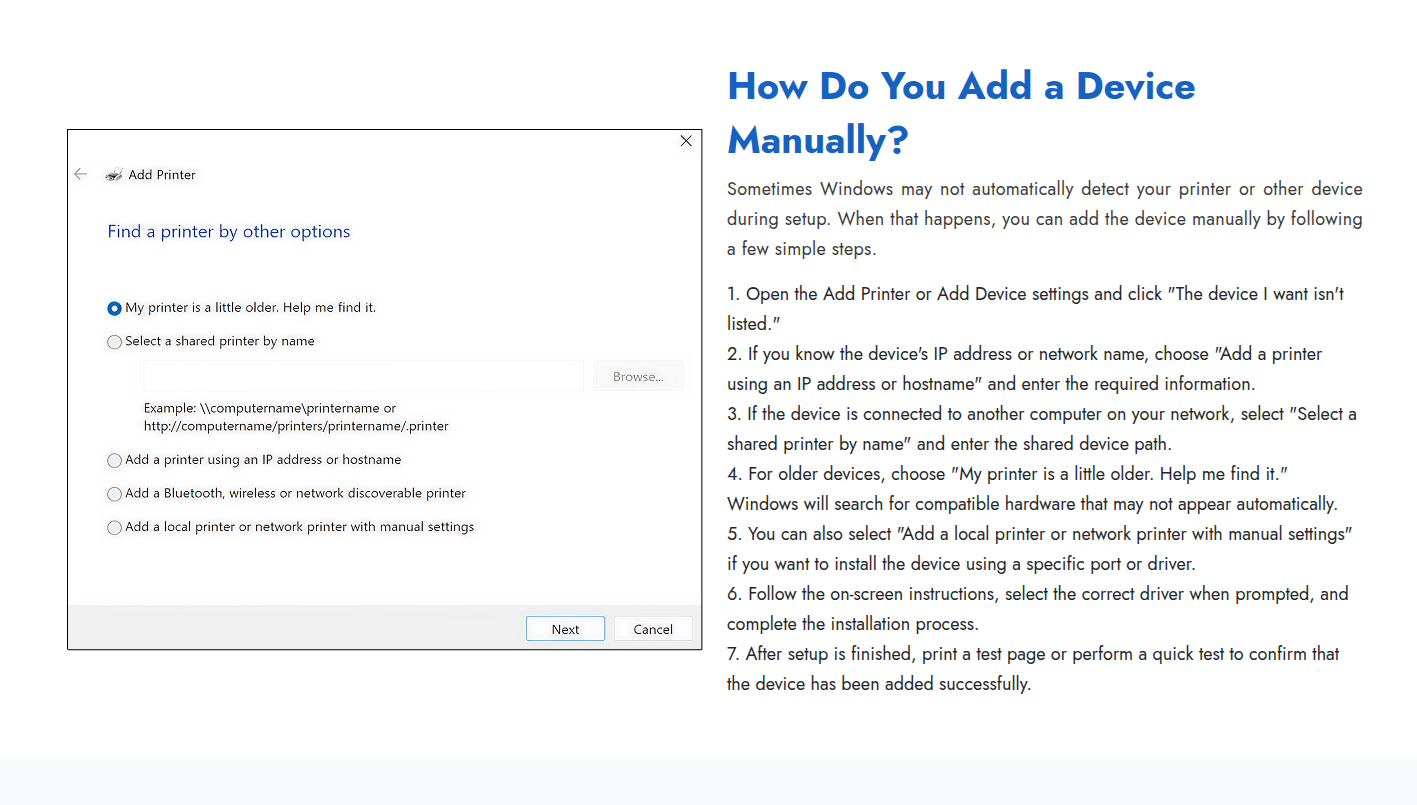 Windows Add Printer options for manually finding a printer