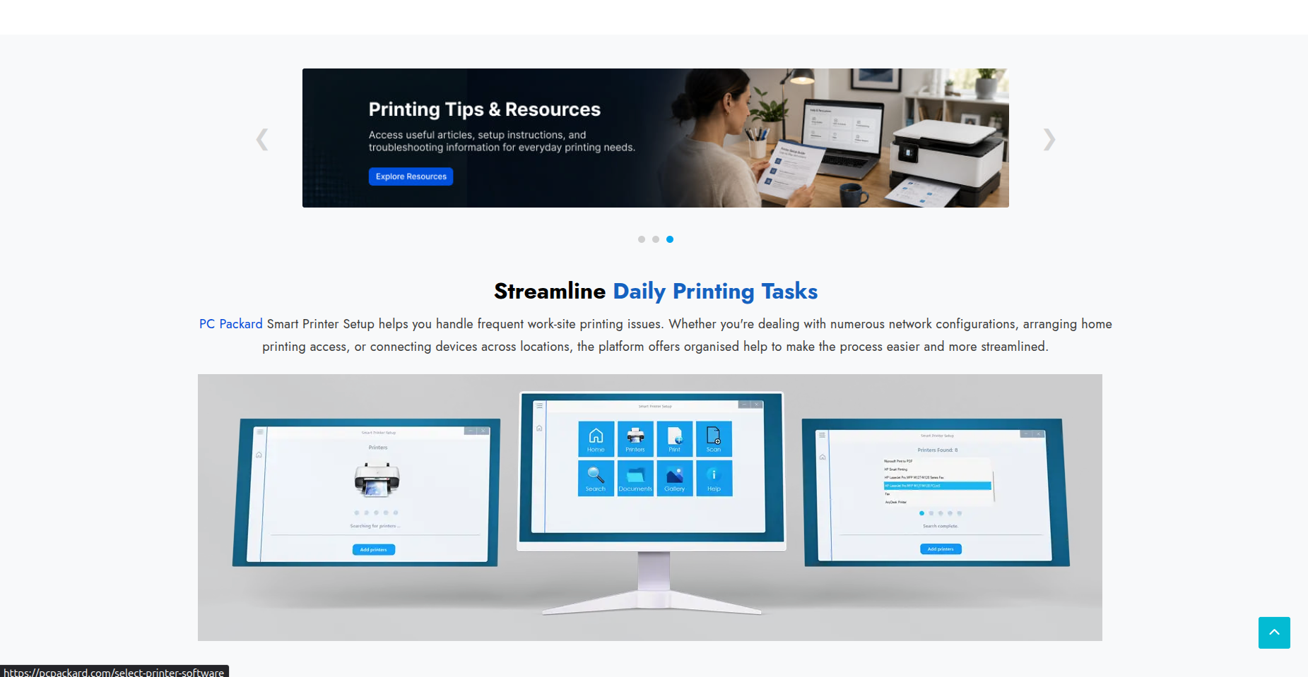 Smart Printer Setup software shown across three displays